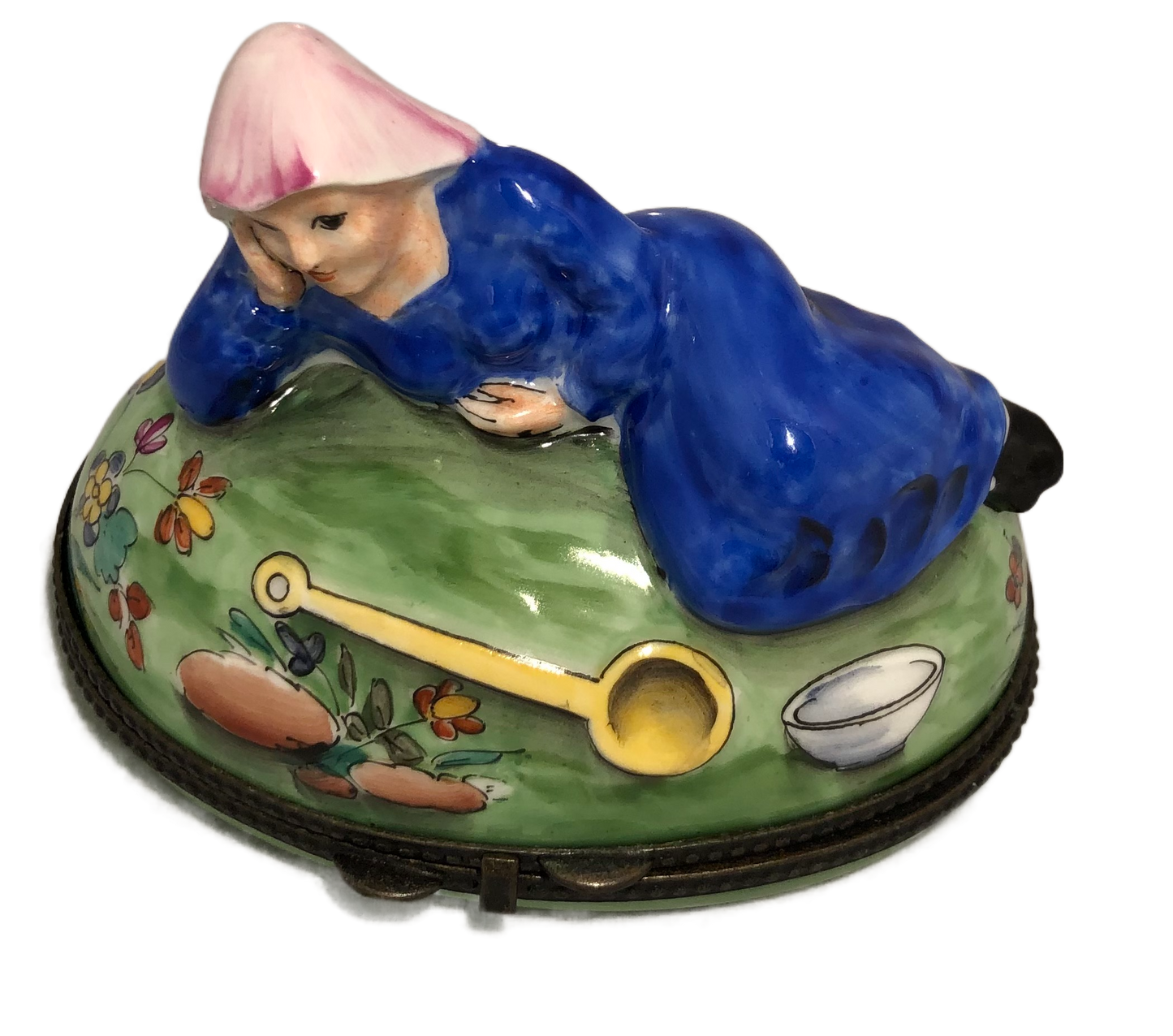 Whimsical Serenity: Hand-Painted Limoges Box with Lady in Blue Dress and Golden Ladle