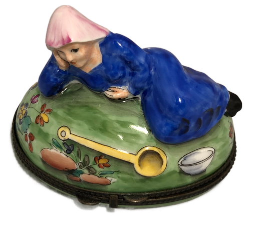 Whimsical Serenity: Hand-Painted Limoges Box with Lady in Blue Dress and Golden Ladle