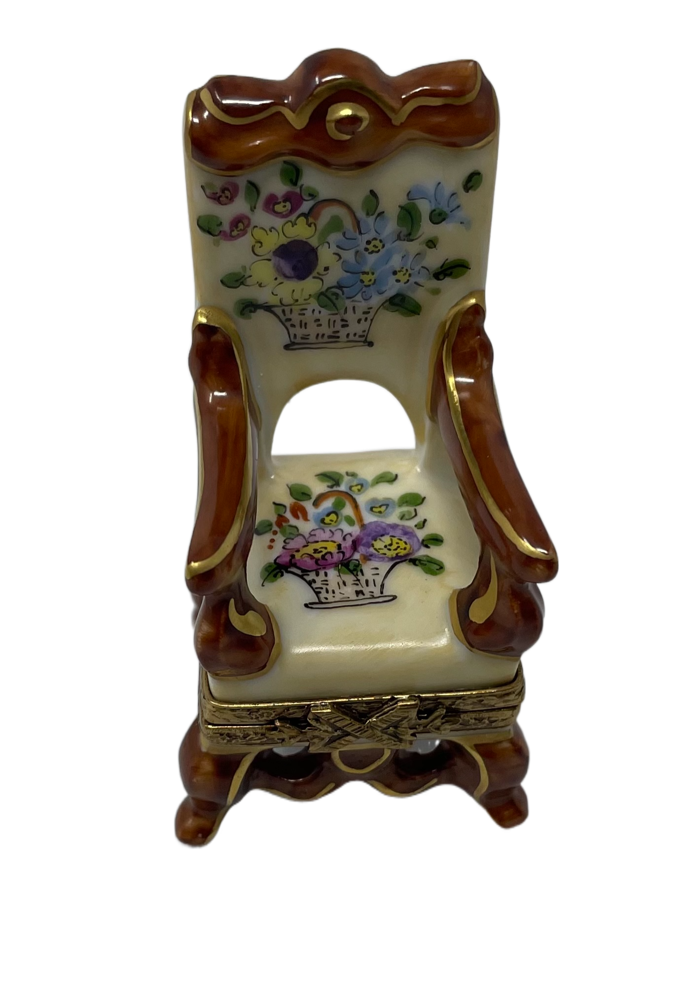 Floral Haven: Limoges Box of a Wooden Arm Chair with Painted Floral Baskets