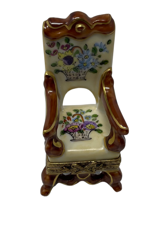 Floral Haven: Limoges Box of a Wooden Arm Chair with Painted Floral Baskets