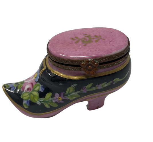 Floral Elegance: Limoges Box of a Black and Pink Women's Floral Shoe
