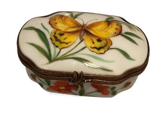 Blooming Delight: Hand-Painted Limoges Box with Red Flowers and Yellow Butterfly