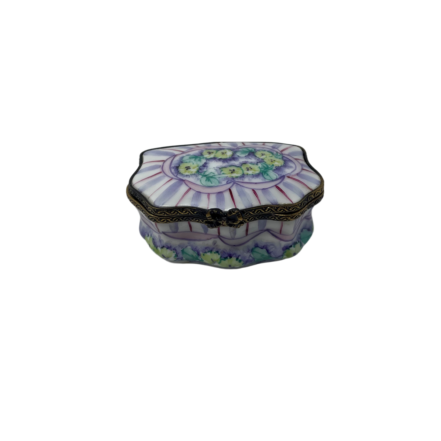 Enchanting Blooms: Limoges Box in the Shape of a Pastel Purple and Green Floral Box