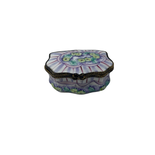 Enchanting Blooms: Limoges Box in the Shape of a Pastel Purple and Green Floral Box