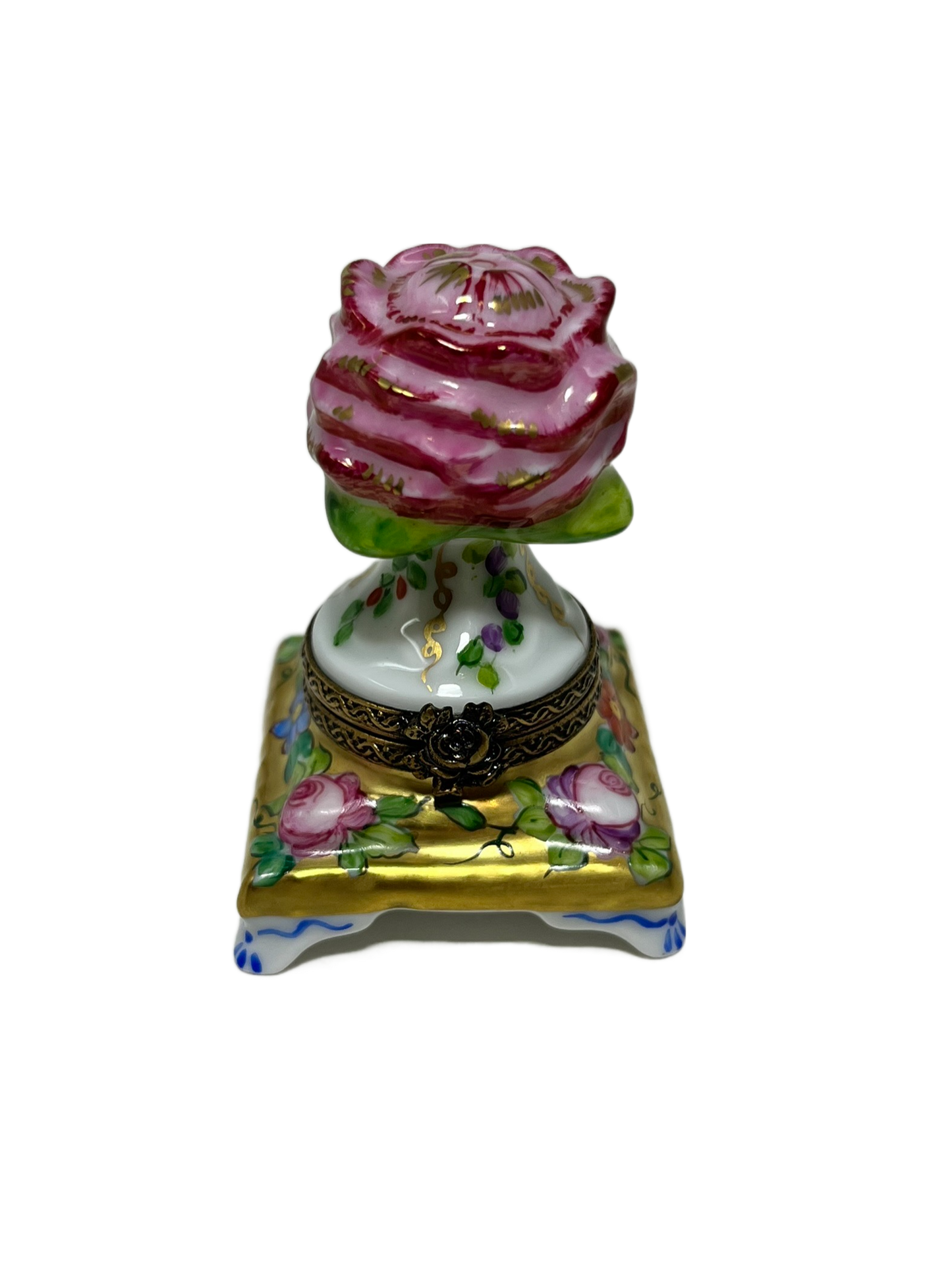 Blooming Beauty: Pink Rose on Golden Pedestal Limoges Box
