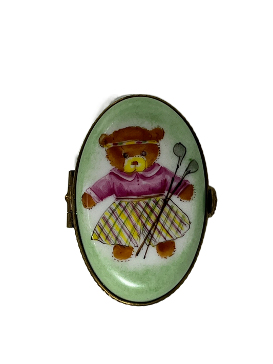 Golfing Teddy: Limoges Box - Teddy Bear with Golf Clubs