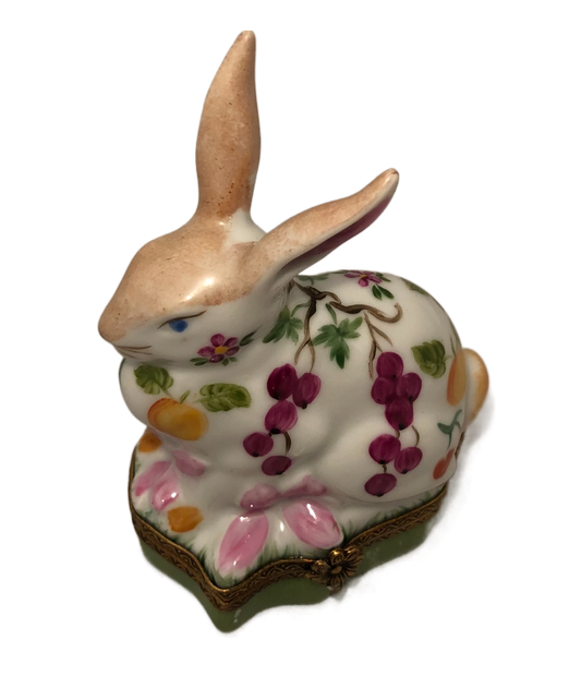 Whimsical Delights: Hand-Painted Limoges White Rabbit Box with Fruity Accents