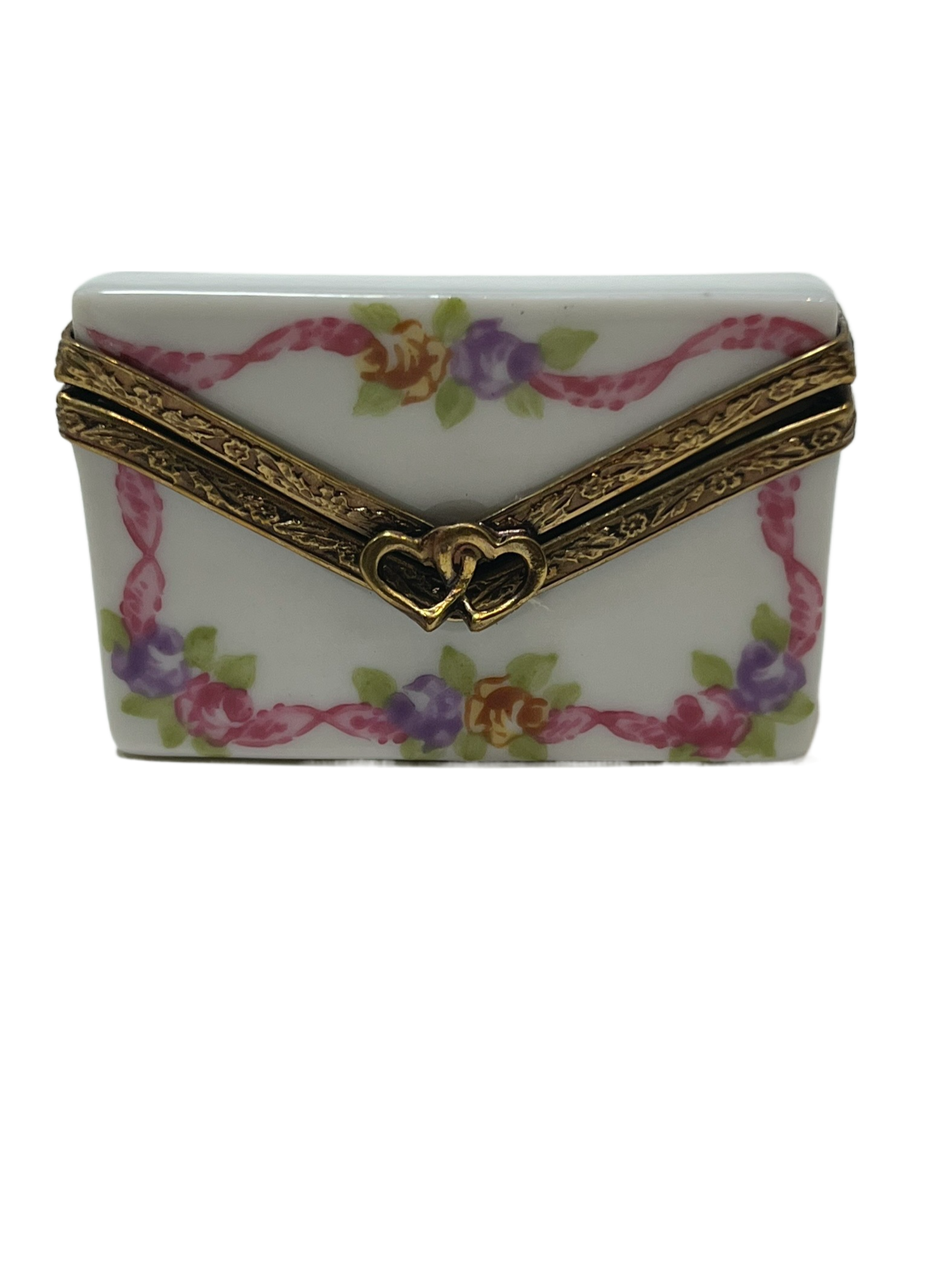 Blooming Love: Limoges Box - White and Pink Floral Box with Bronze Heart Latch