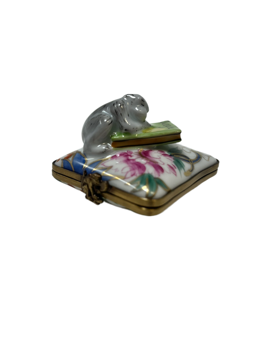 Whimsical Tales: Limoges Box - Monkey Reading on Flowers