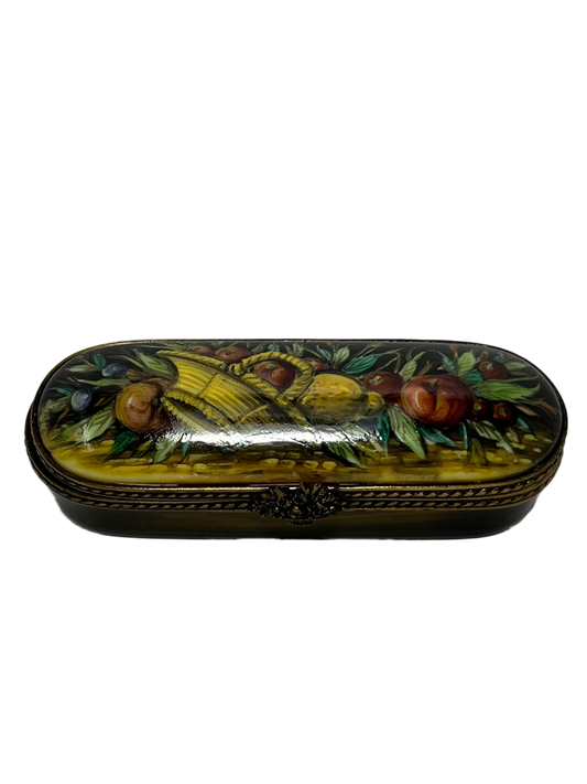 Peach Harvest: Limoges Box - Yellow Basket Overflowing with Luscious Peaches
