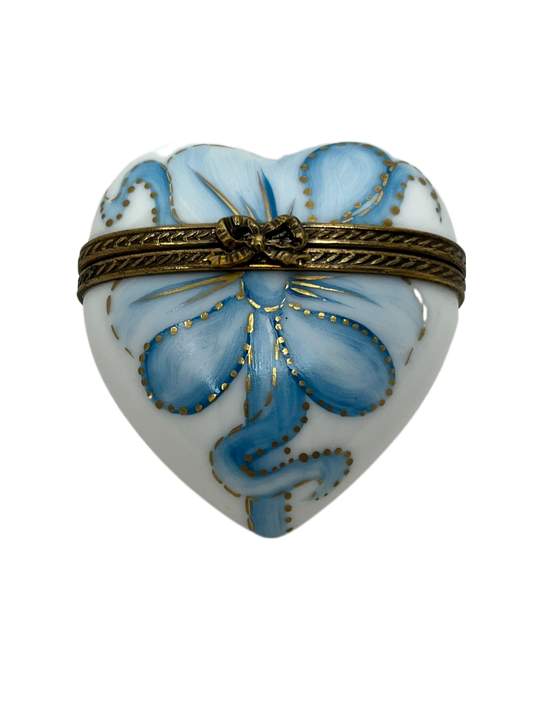 Floral Whispers: Limoges Box - White Heart with a Delicate Blue Blossom