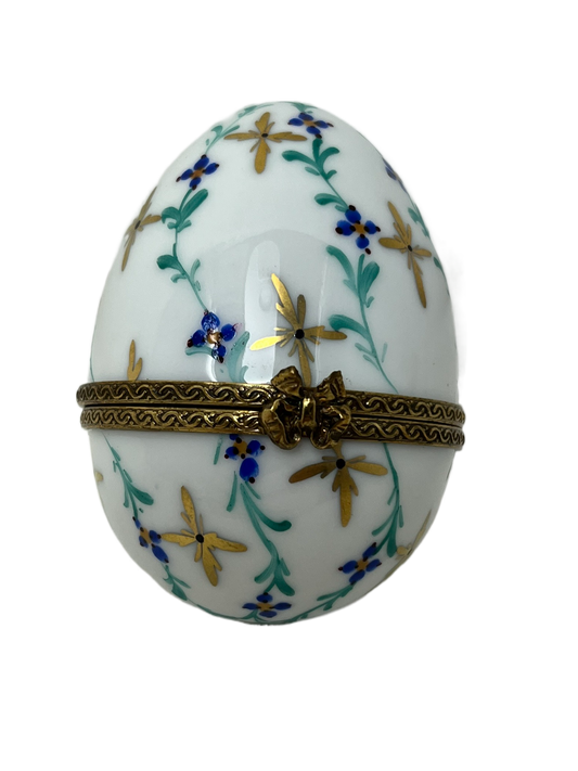 Elegant Symphony: Limoges Box - White Egg with Blue, Teal, and Gold Accents