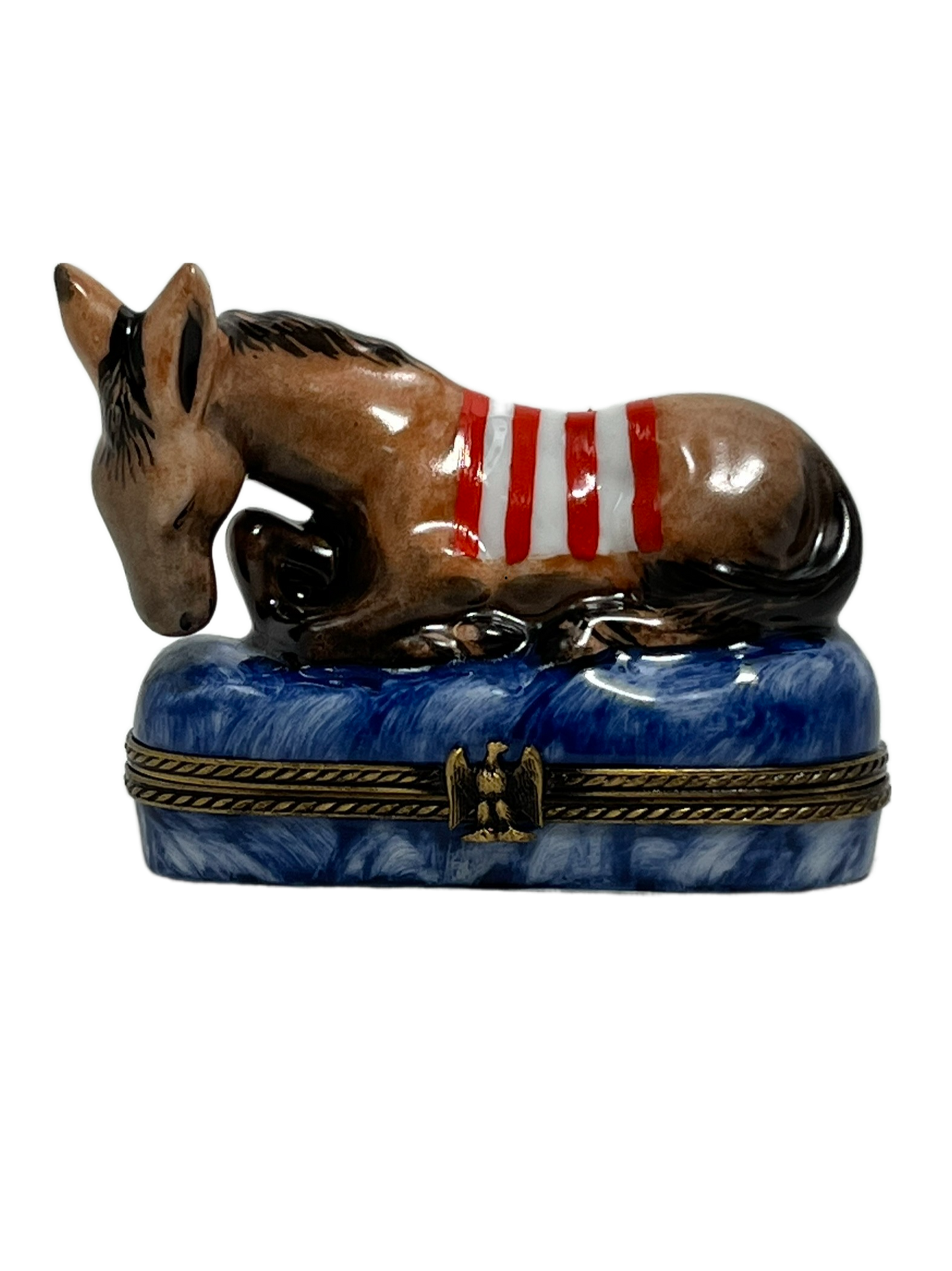 Freedom's Rest: Laid-Back Donkey with American Flag Saddle Limoges Box