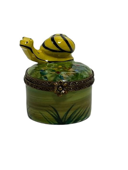Sunny Trails: Yellow Snail on a Glass Circular Limoges Box