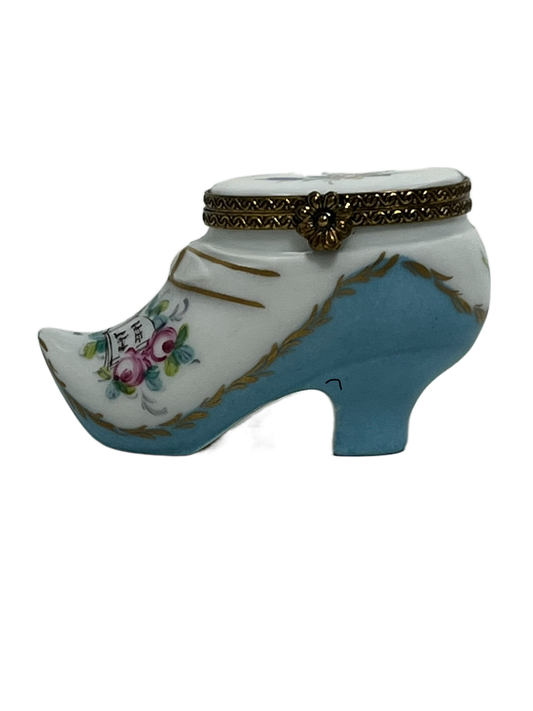 Blossom Elegance: Baby Blue Sevres-inspired Women's Shoe Limoges Box