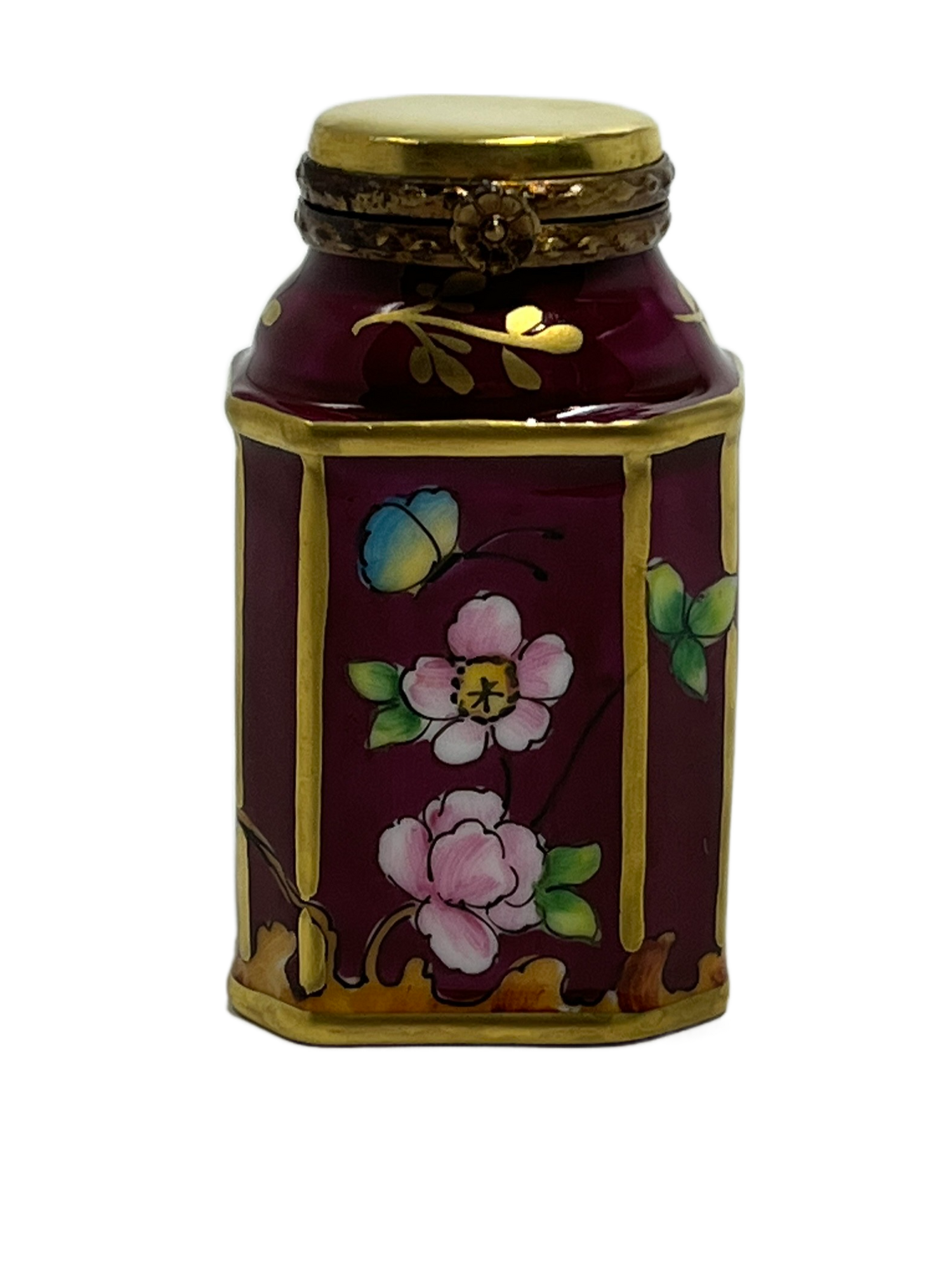 Regal Blooms: Maroon and Gold Flower Jar Limoges Box