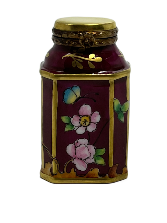 Regal Blooms: Maroon and Gold Flower Jar Limoges Box