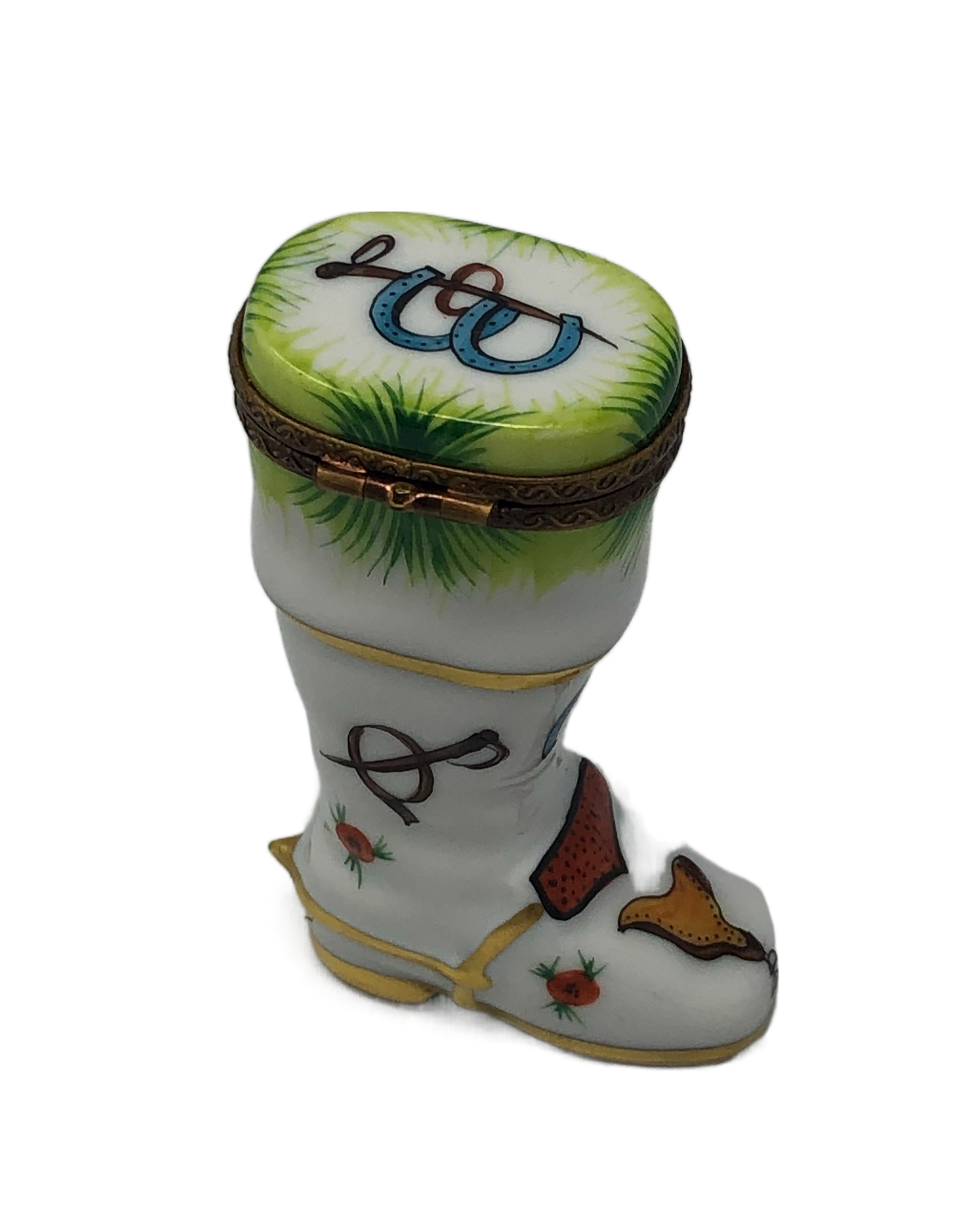 Equestrian Elegance: Hand-Painted Limoges Box in the Shape of a Riding Boot