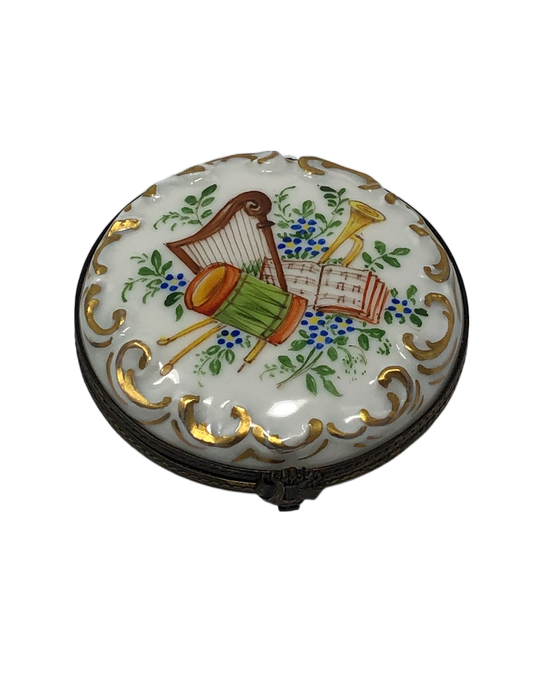 Harmonious Melodies: Hand-Painted Limoges Box with Musical Instruments