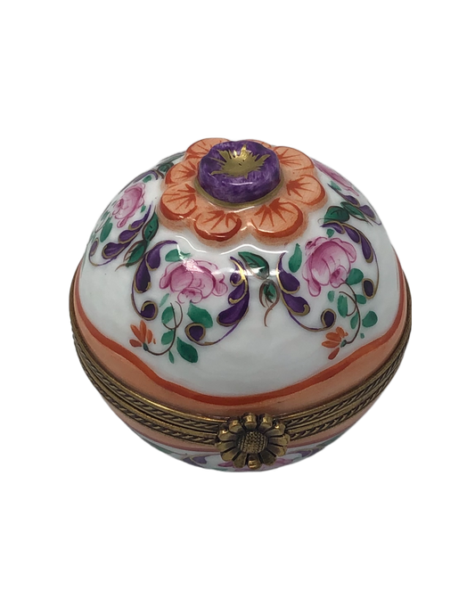 Floral Elegance: Hand-Painted Limoges Spherical Box with Pink and Purple Flowers