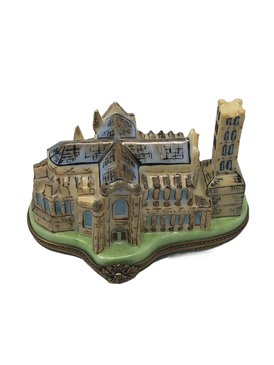 Graceful Splendor: Limoges Box - Cathedral with Tower and Light Blue Roof