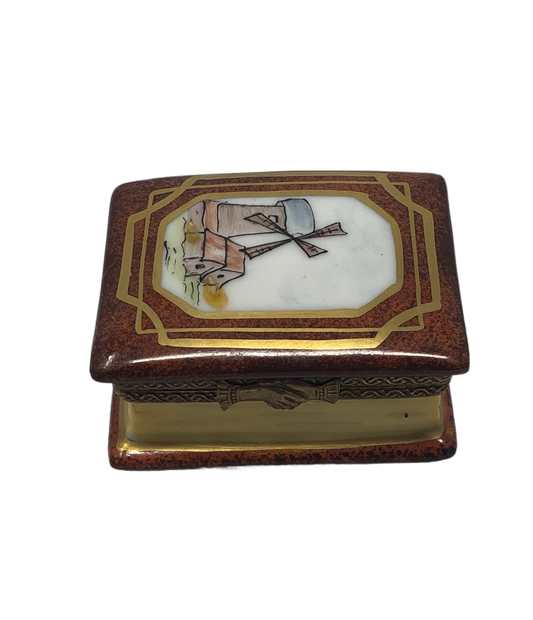 Rustic Charm: Hand-Painted Limoges Box with Windmill and Houses Scene