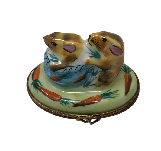 Carrots & Companions: Hand-Painted Limoges Box with Two Playful Rabbits