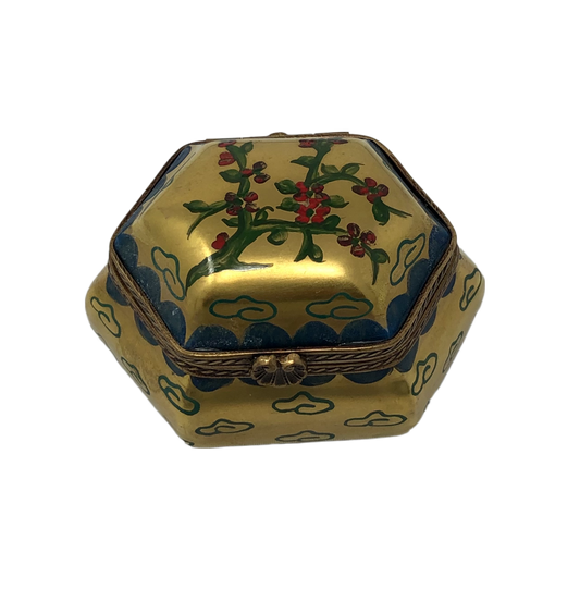 Golden Elegance: Hand-Painted Hexagonal Limoges Box with Holly Accents
