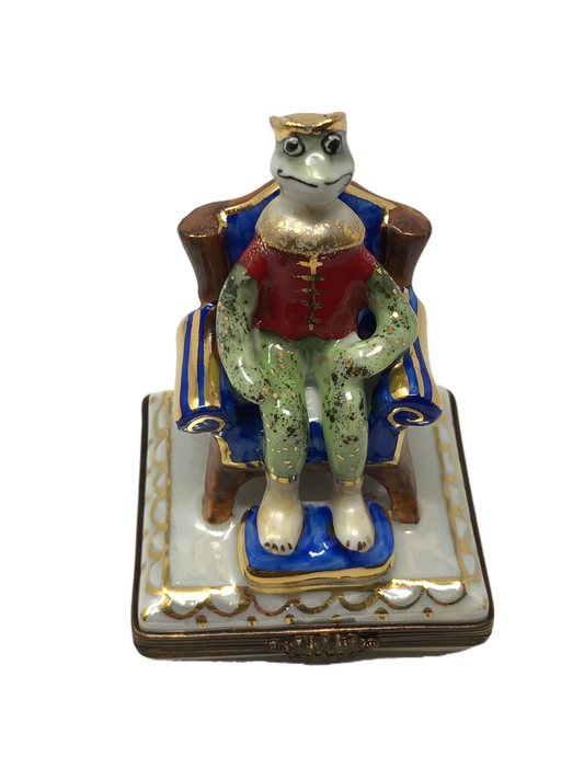 Regal Ribbit: Frog King Limoges Box with Blue Throne