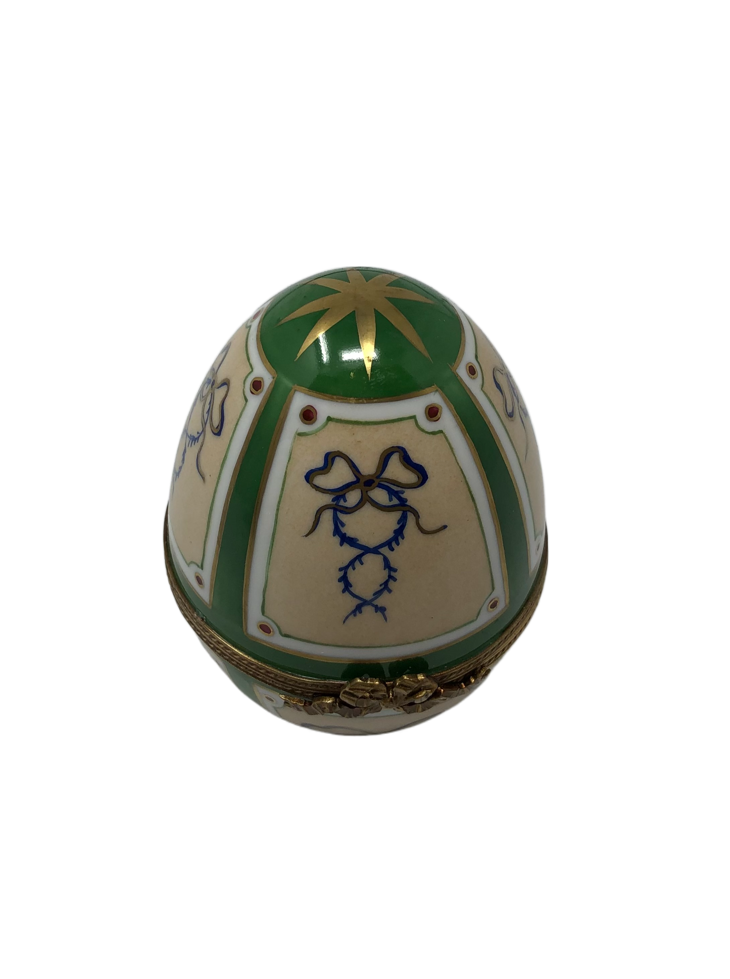 Emerald Elegance: Green Egg with Tan Panels and Blue Ribbons Limoges Box