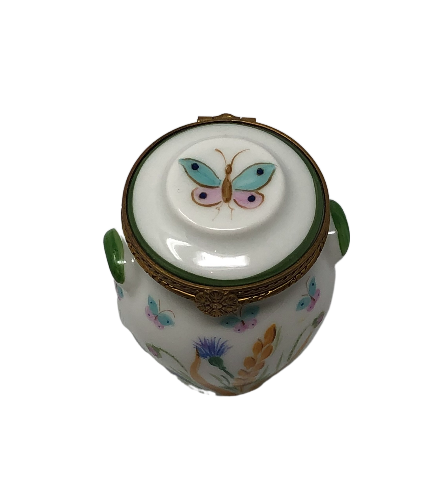 Whimsical Flutter: White Grain Pot with Pink and Blue Butterfly Limoges Box