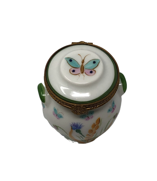 Whimsical Flutter: White Grain Pot with Pink and Blue Butterfly Limoges Box